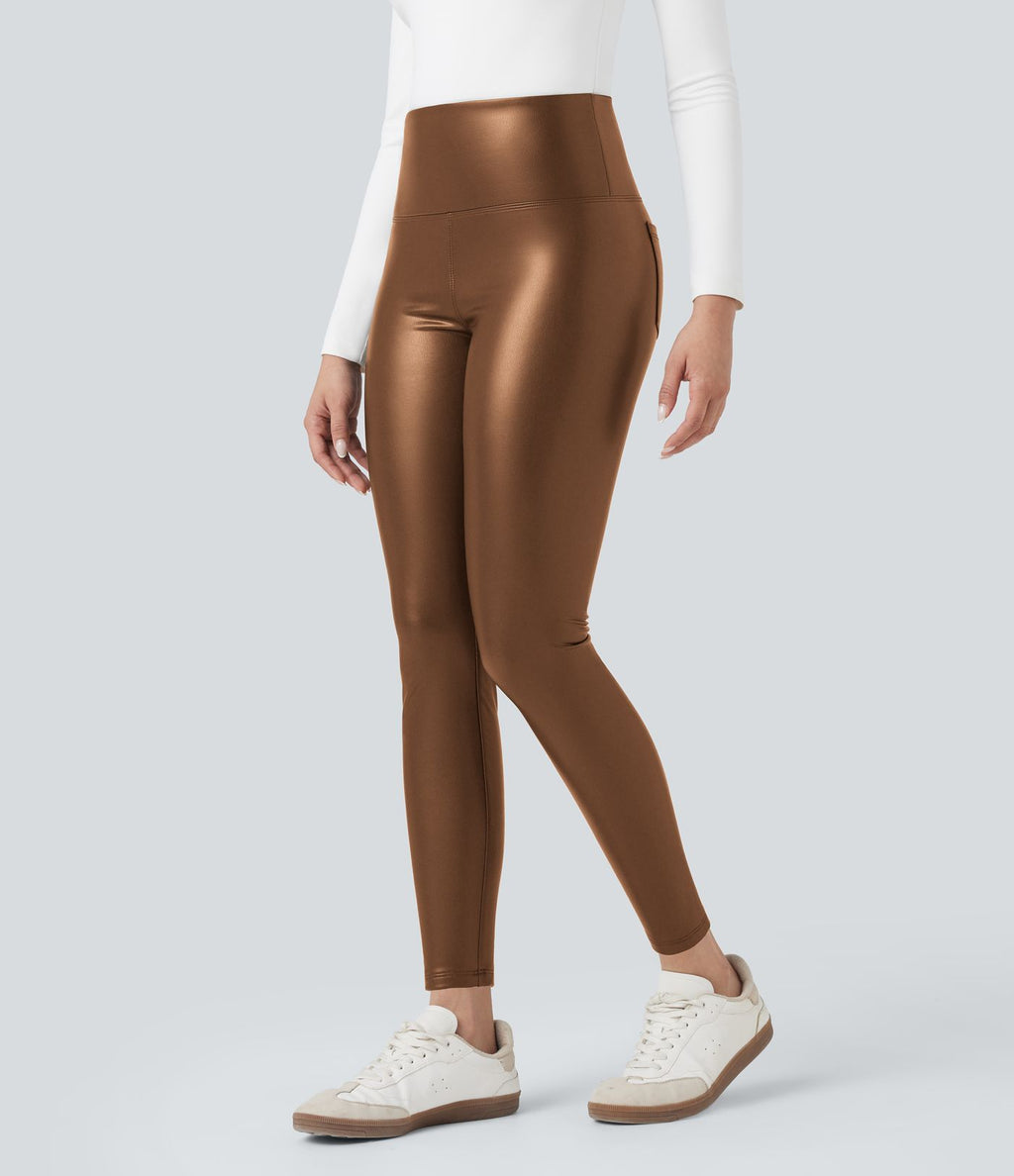Pantalon 7/8 moulant décontracté polaire gainant taille haute extensible effet cuir avec poches