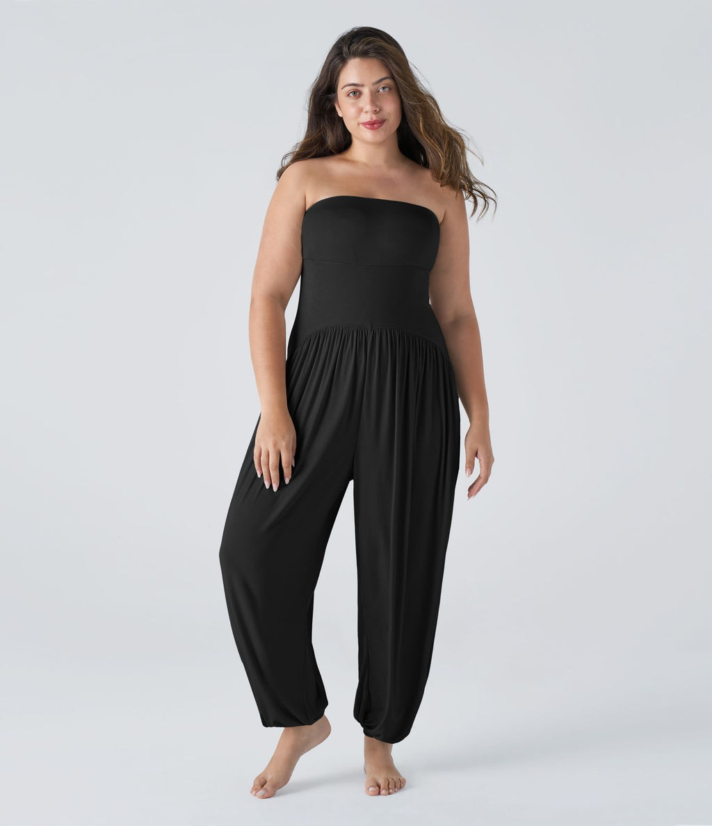 Combinaison Casual Grande Taille à Dos Nu en Tube Côtelé avec Poches Latérales Plissées