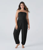 Combinaison Casual Grande Taille à Dos Nu en Tube Côtelé avec Poches Latérales Plissées