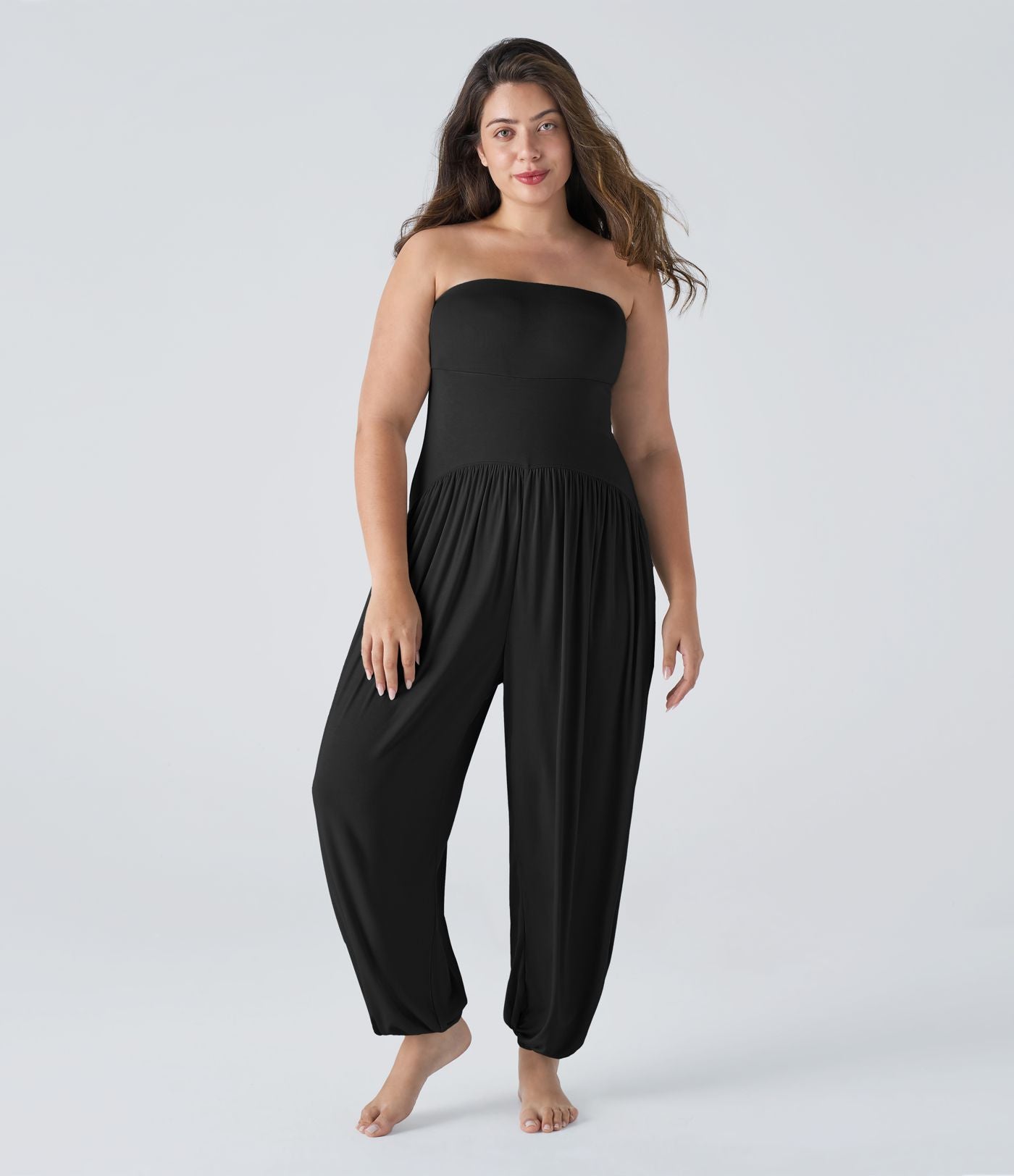 Combinaison Casual Grande Taille à Dos Nu en Tube Côtelé avec Poches Latérales Plissées