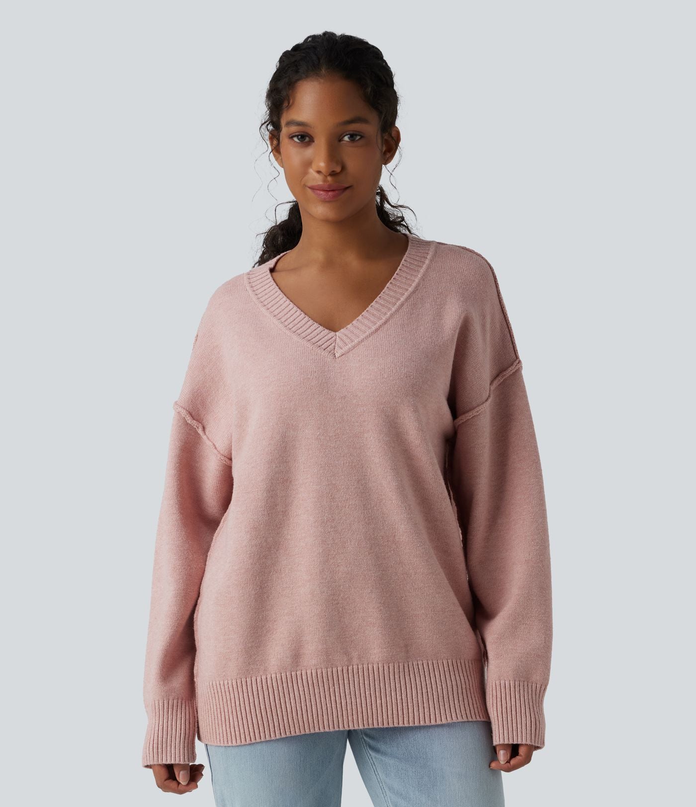 Pull décontracté col V à manches longues et épaules tombantes