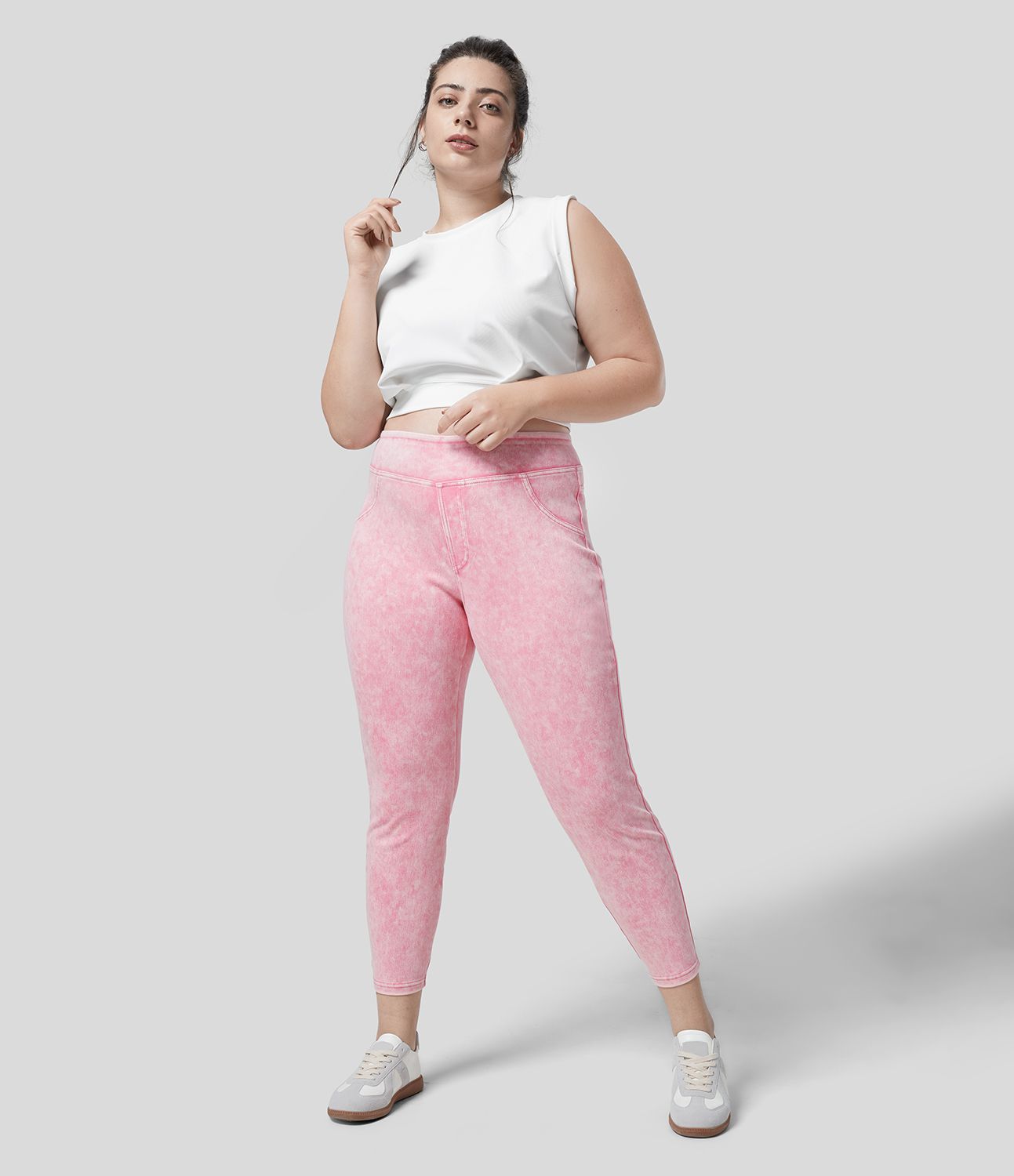 Halara Flex™ Legging Casual 7/8 Grande Taille en Denim Tricot Extensible Coloré à Taille Haute avec Poches Latérales Arrière