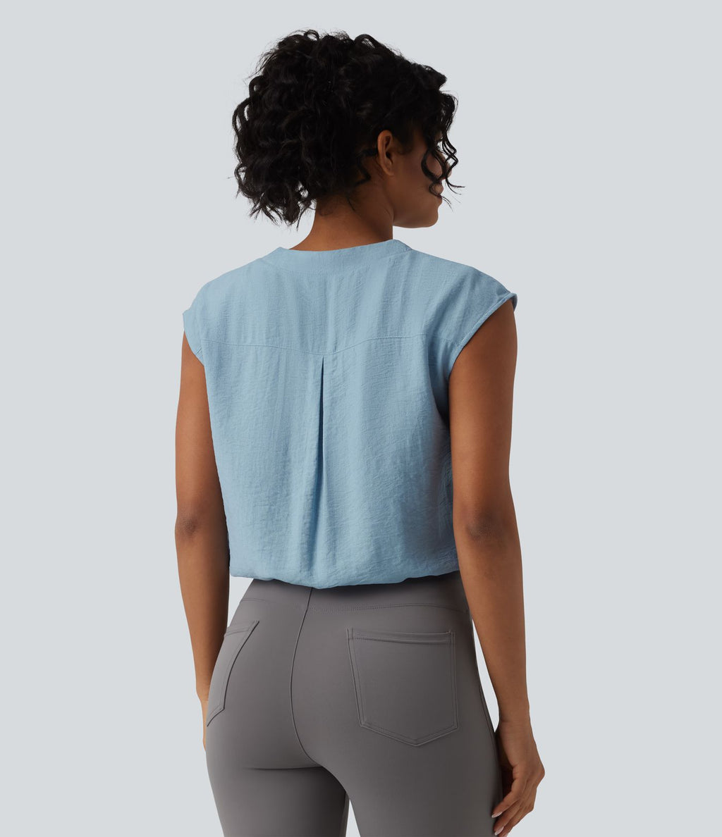 Blouse de Travail Col V Manches Courtes avec Boutons Décoratifs