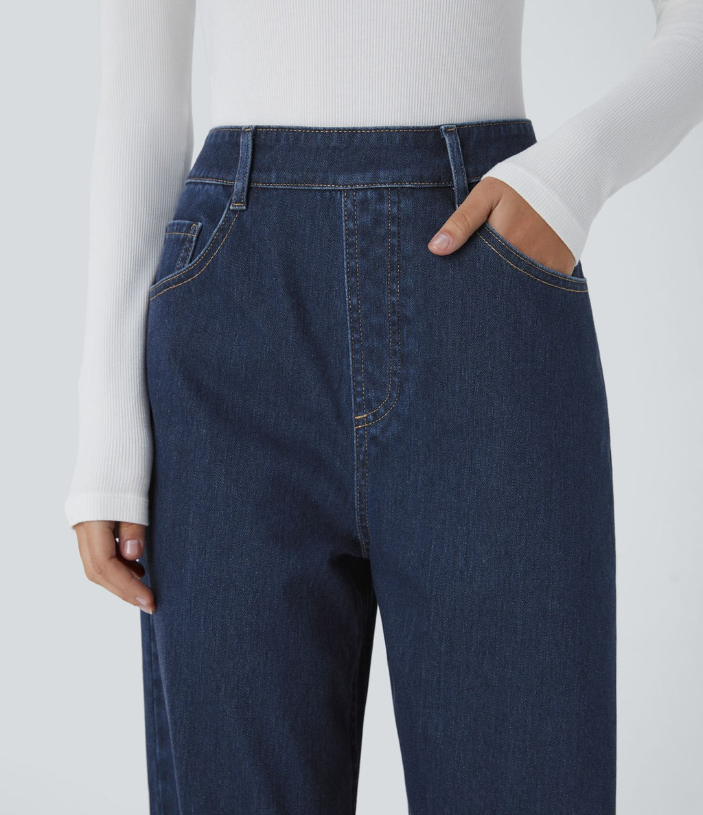 Jean ample délavé taille haute en maille extensible avec poches multiples