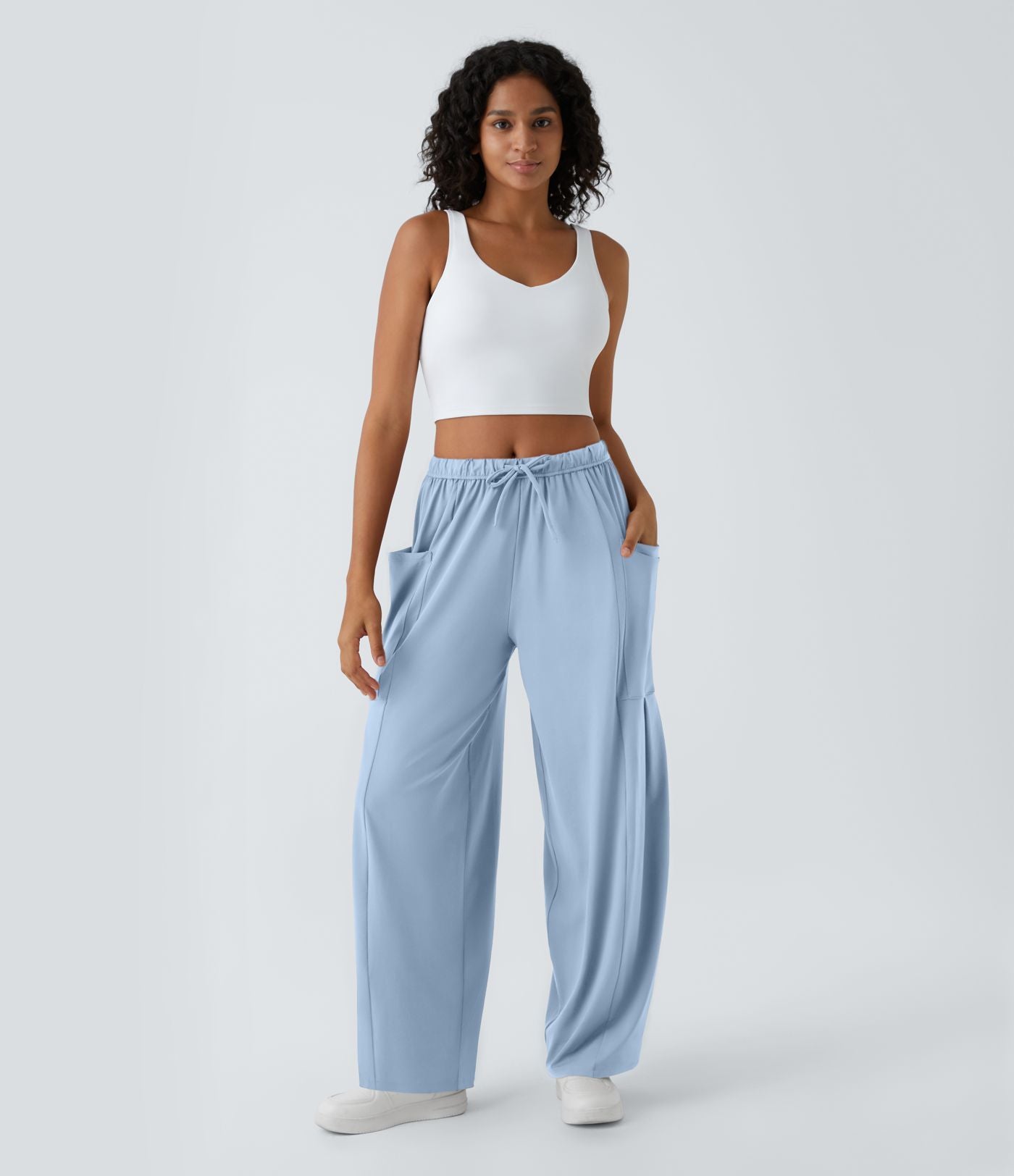 Pantalon Large Fluide Taille Mi-Haute Taille Élastique Cordon Poches Latérales Ourlet Flottant