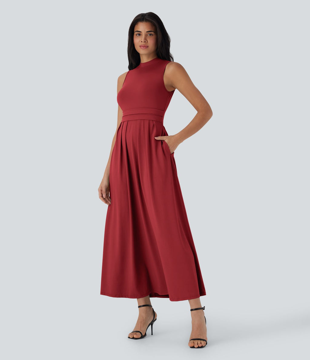Robe longue décontractée sans manches à col montant, coupe évasée et poches latérales