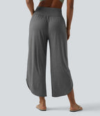 Pantalon décontracté taille haute croisé à ourlet courbe avec poches