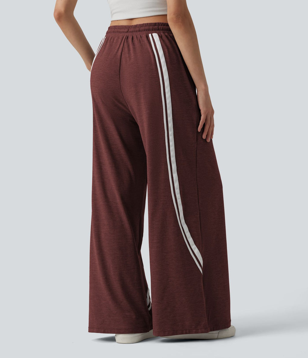 Pantalon large décontracté color block taille haute avec cordon de serrage et poches