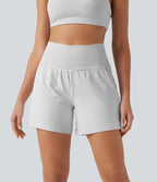 Short de yoga 2-en-1 à rayures, taille très haute, 12,5 cm, à poches