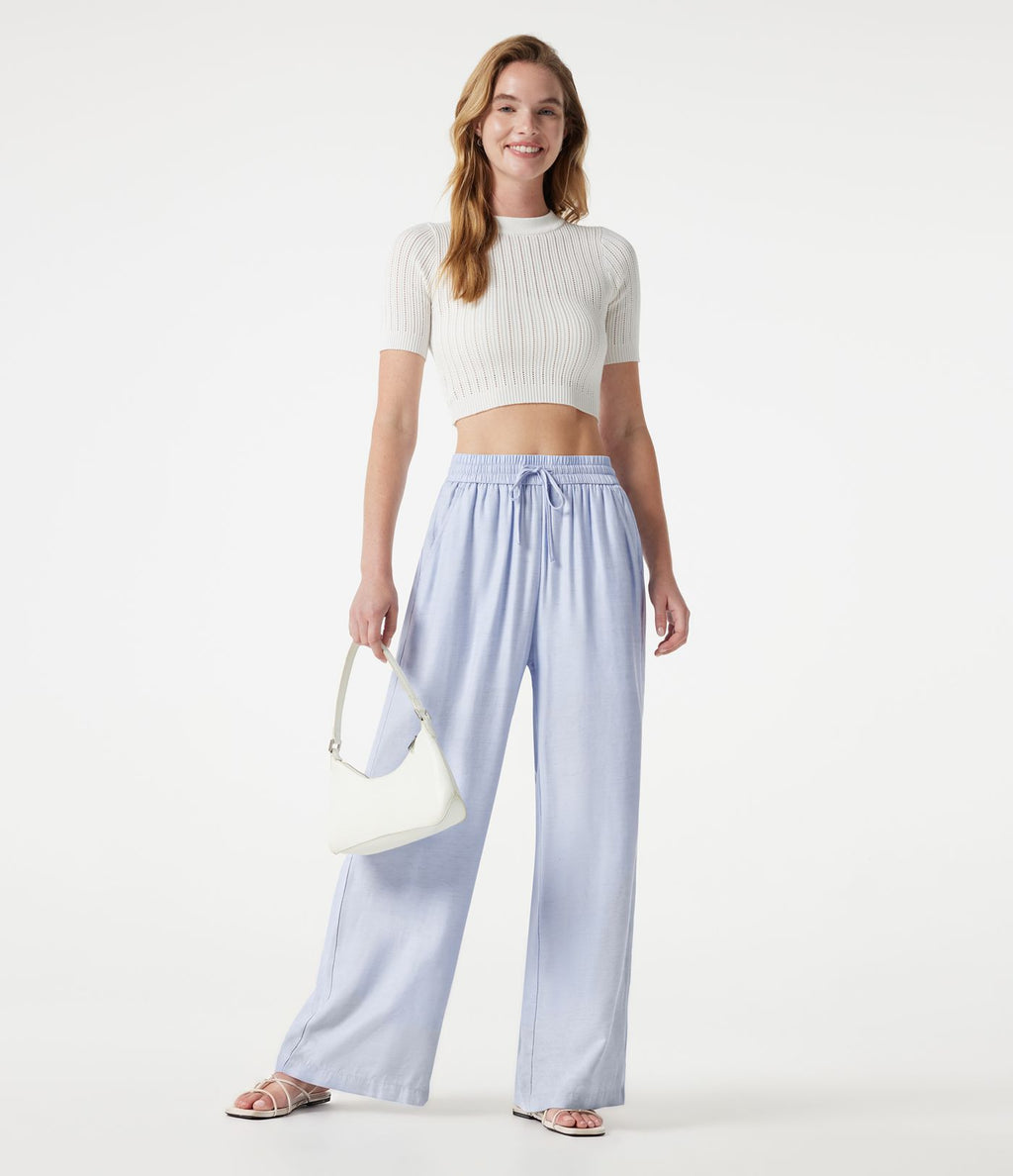 Pantalon large 2-en-1 casual en mélange de lin taille haute avec cordon et poches