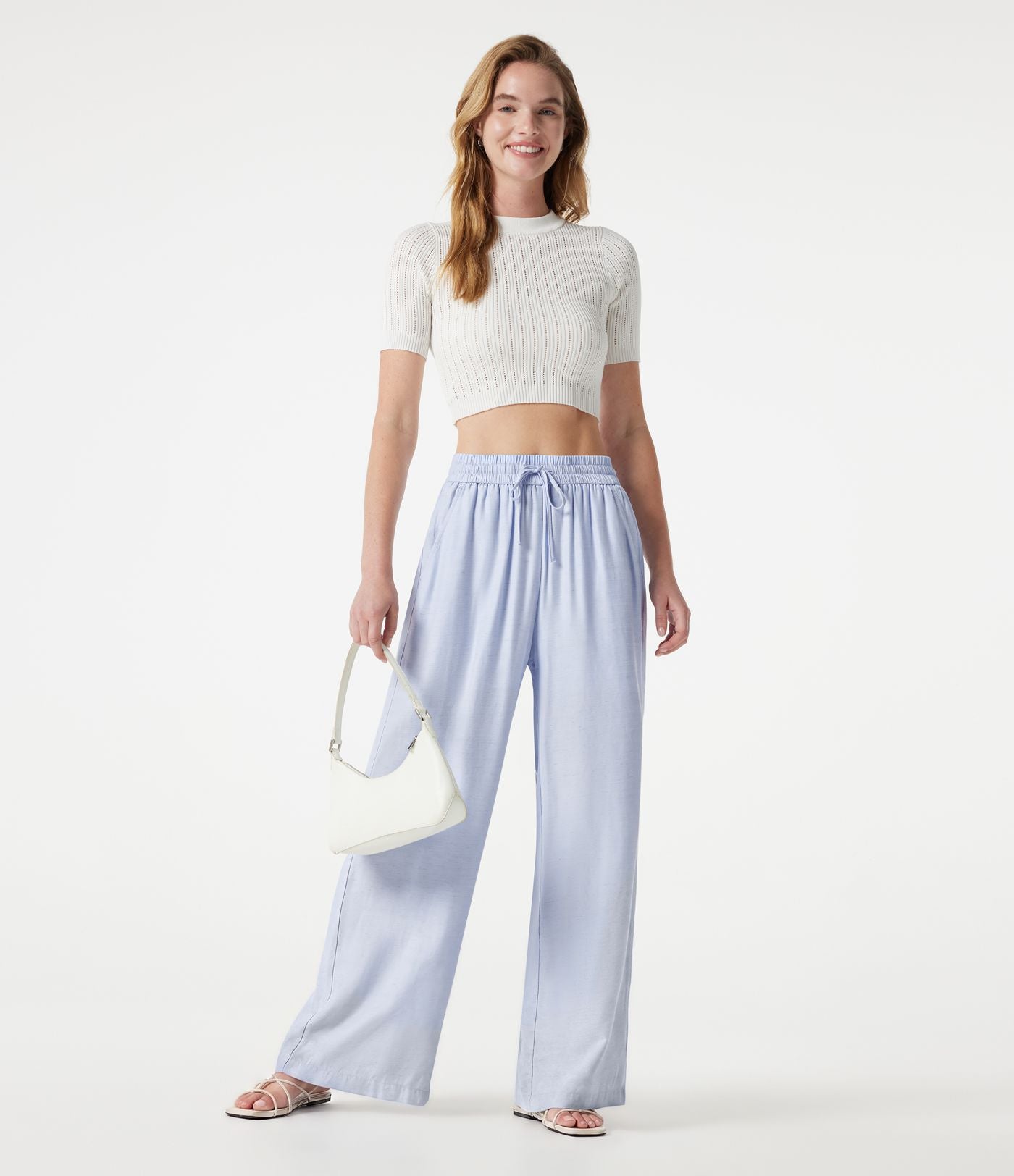 Pantalon large 2-en-1 casual en mélange de lin taille haute avec cordon et poches