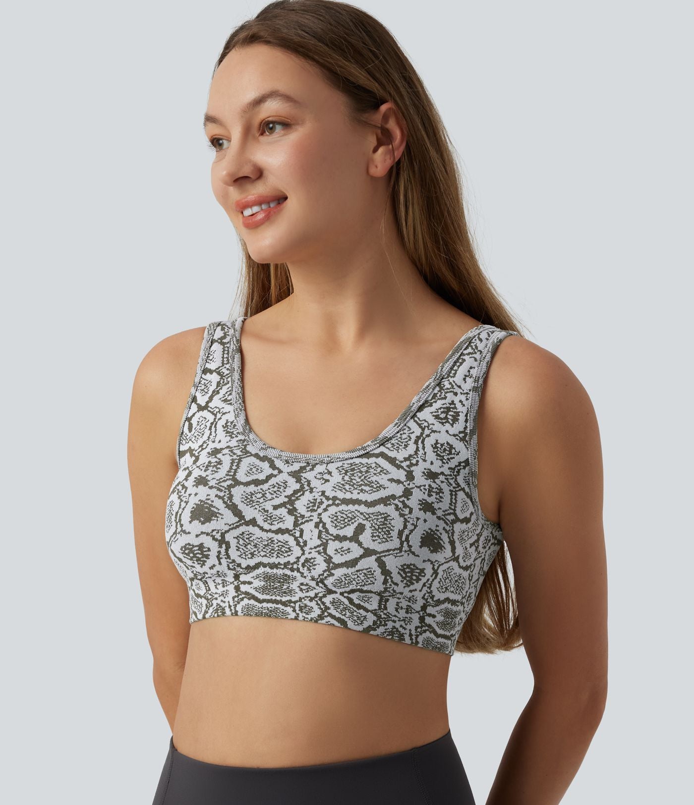 Brassière de sport yoga OneForm sans couture Flow maintien léger col U imprimé python avec soutien-gorge intégré