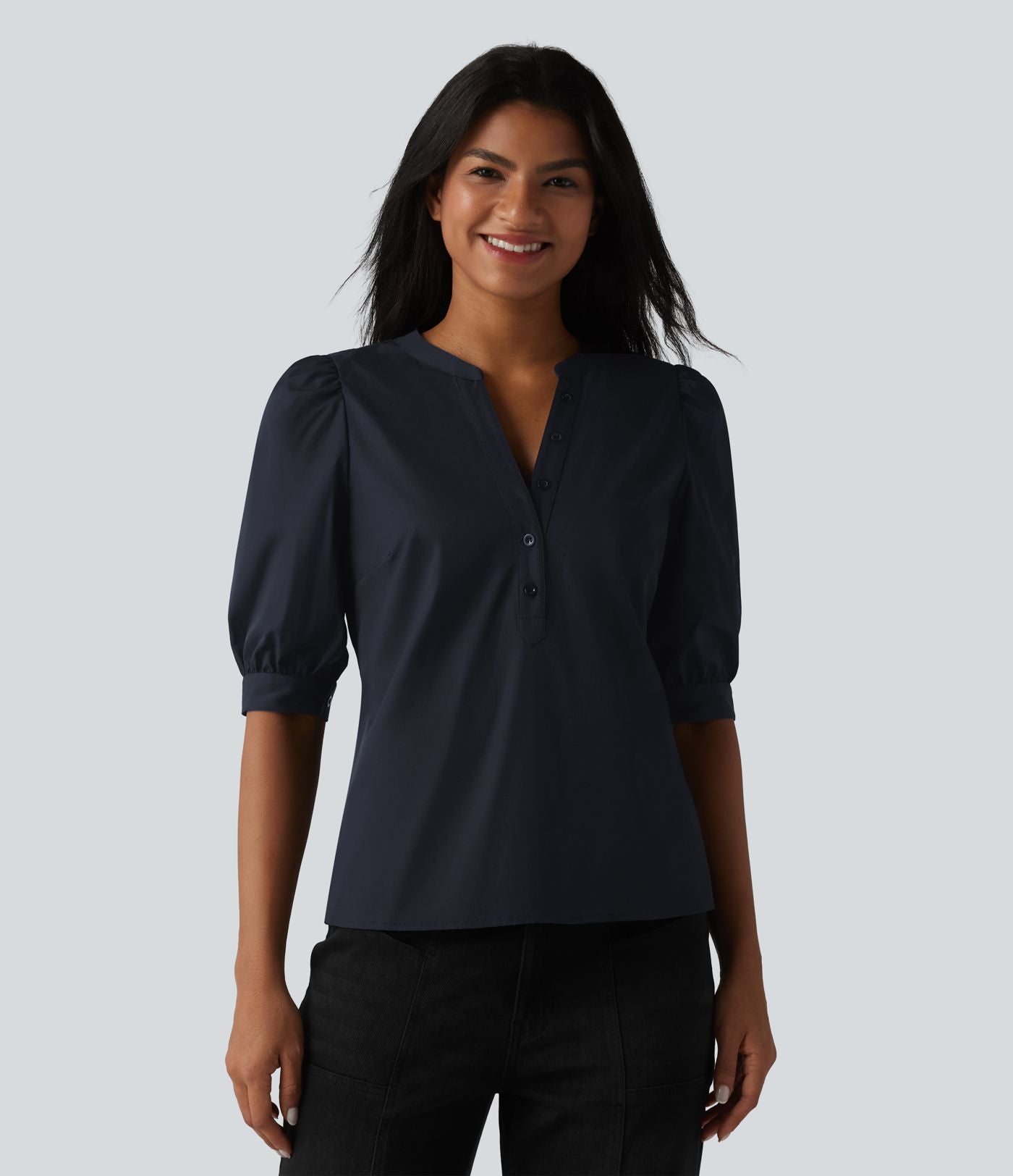 Blouse décontractée col Henley manches bouffantes mi-longues