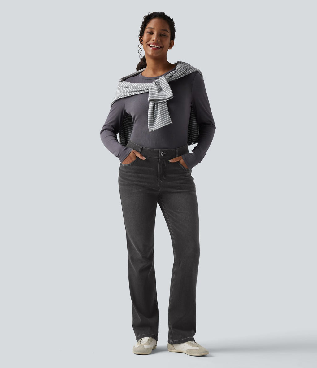 Jean bootcut délavé Halara Flex™ taille basse avec bouton, fermeture éclair et poches multiples