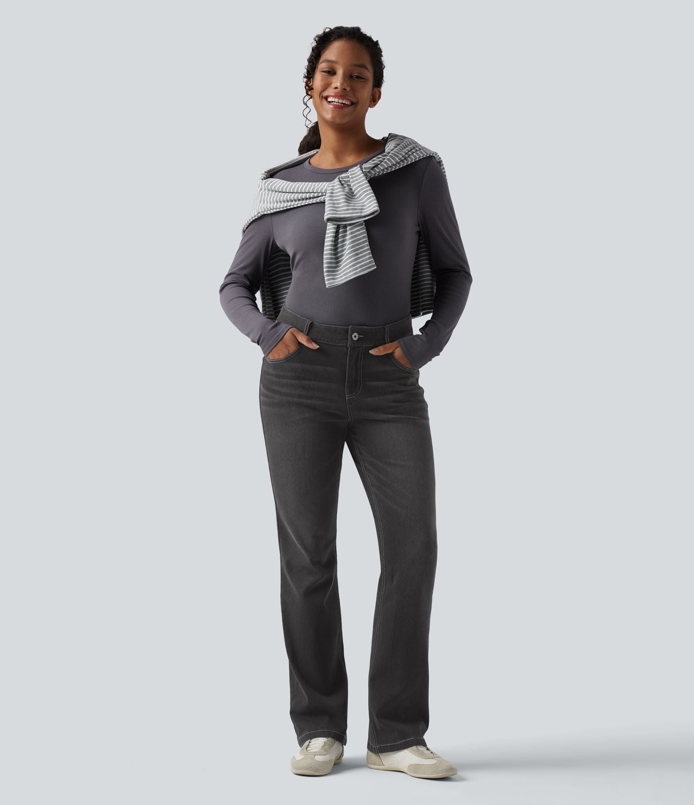 Jean bootcut délavé Halara Flex™ taille basse avec bouton, fermeture éclair et poches multiples