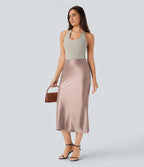 Jupe de midi sirène en satin taille haute avec fermeture éclair invisible