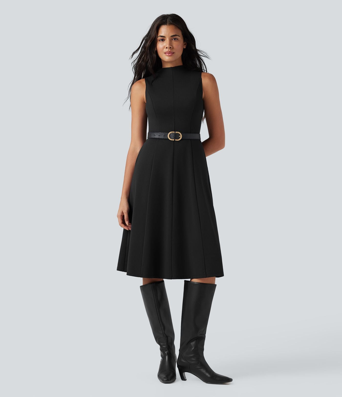 Robe mi-longue col montant sans manches avec poches