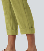 Pantalon capri effet lin taille haute avec poches zippées