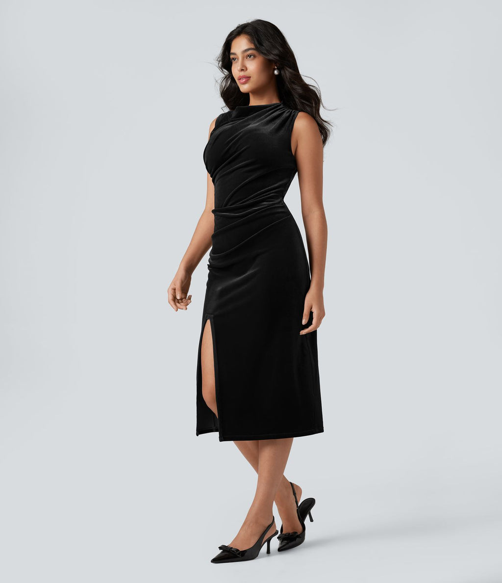 Robe mi-longue moulante velours col drapé sans manches fendue froncée
