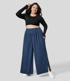 Pantalon Large Casual Taille Haute Boutonnés Fermeture Éclair Plissé Poches Latérales Ourlet Fendu Grande Taille