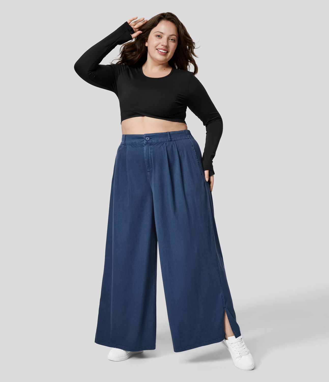 Pantalon Large Casual Taille Haute Boutonnés Fermeture Éclair Plissé Poches Latérales Ourlet Fendu Grande Taille