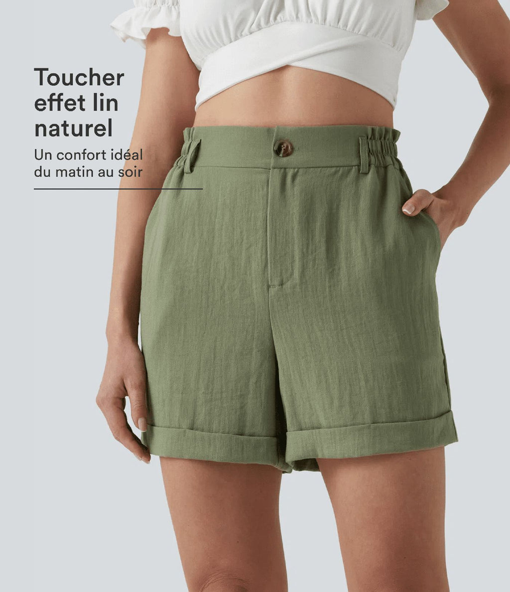 Short resort 12,5 cm taille haute effet lin avec ourlet roulotté et poches