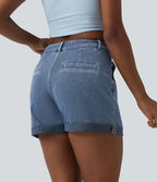 Halara Flex™ Short casual en denim taille mi-haute à ourlet retroussé avec poches