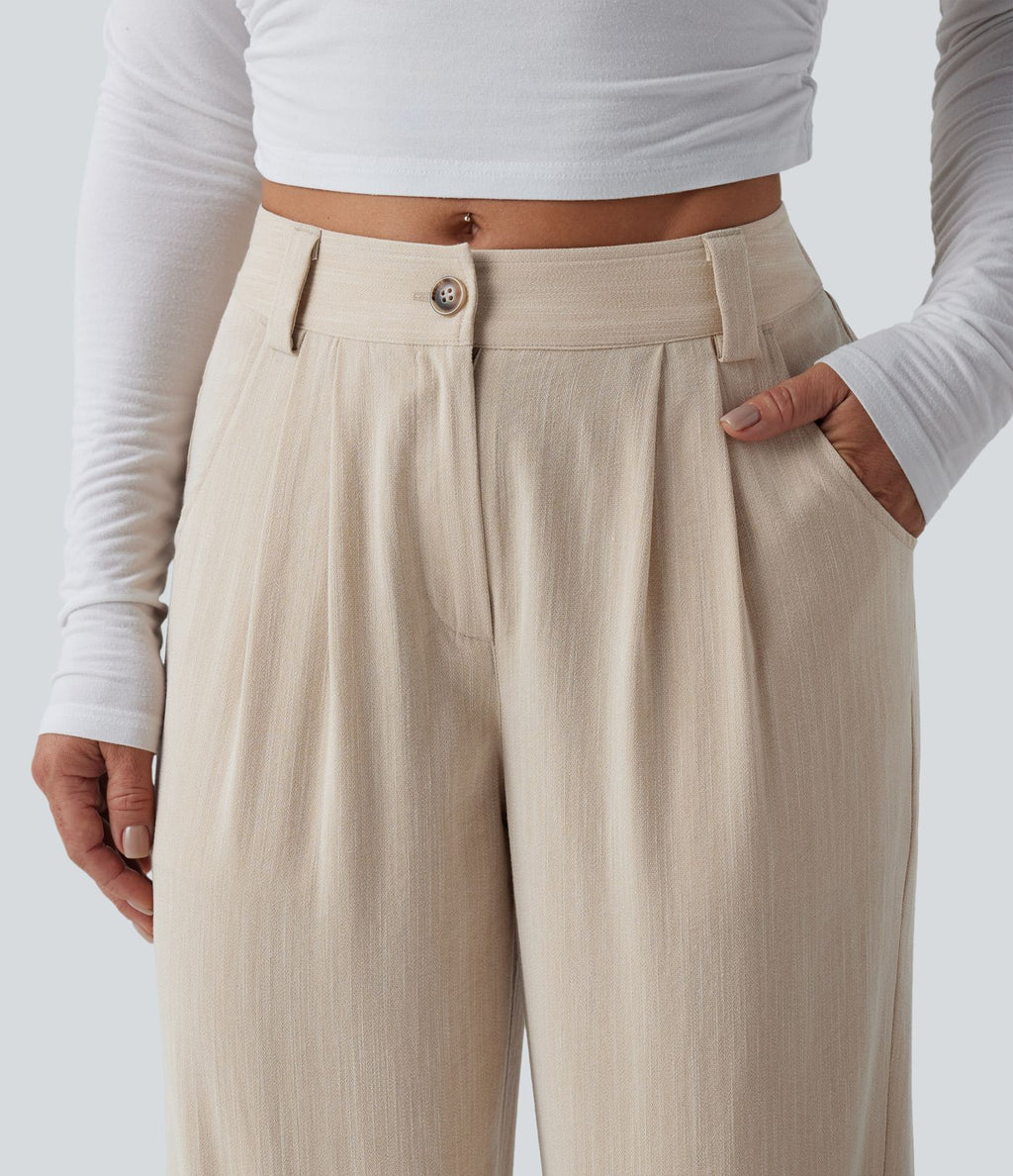 Pantalon décontracté mi-taille effet lin avec poches