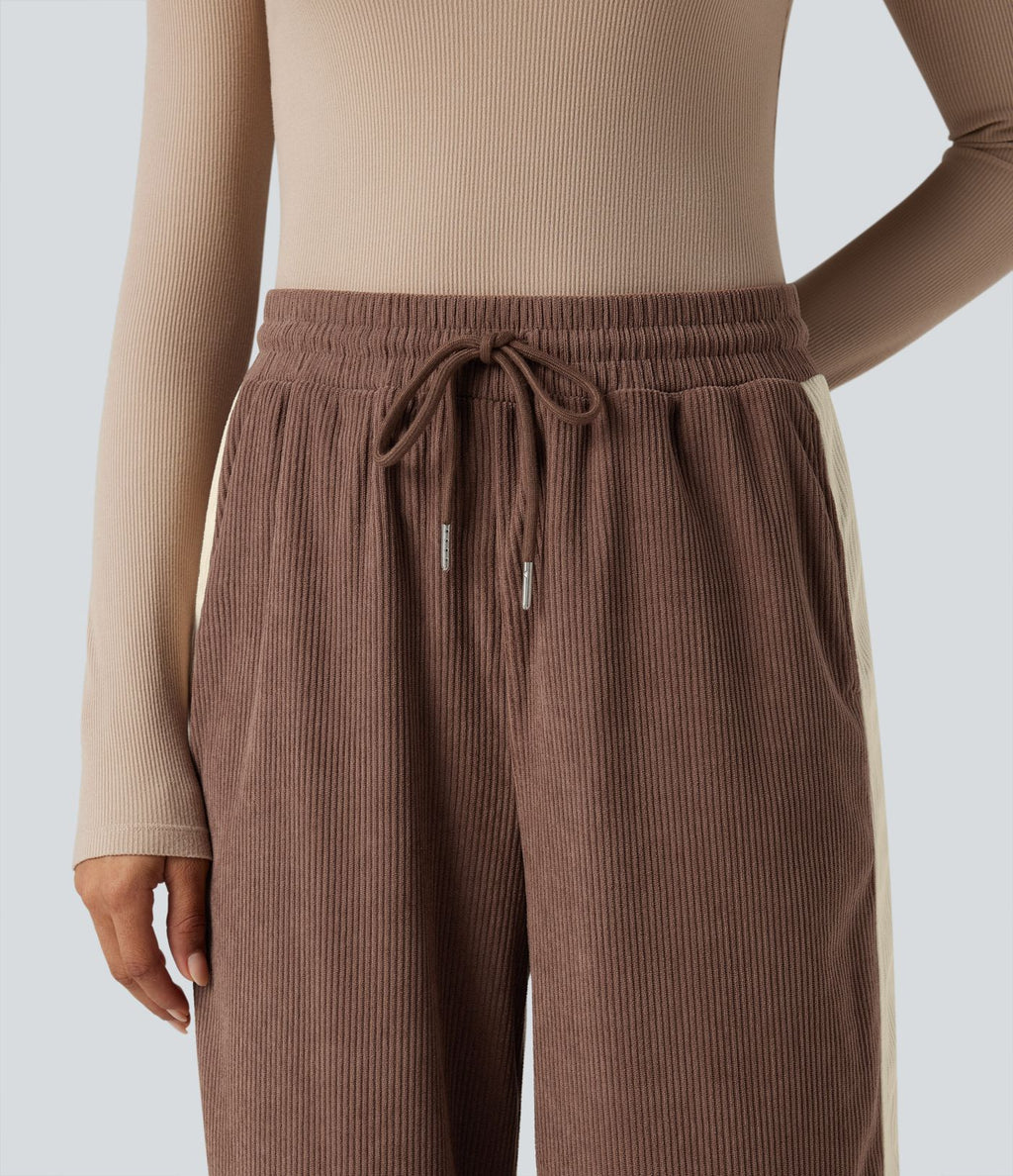Pantalon jogging décontracté droit colorblock en velours côtelé, taille haute, avec cordon et poches