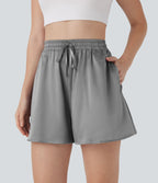 Short décontracté ample en satin à taille haute avec cordon de serrage et poches latérales