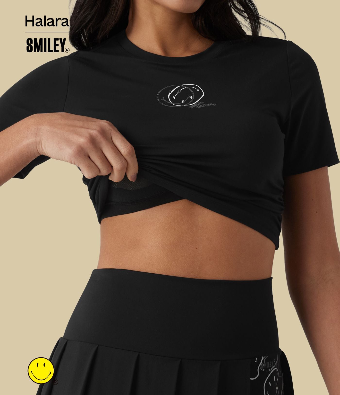 T-shirt casual cropped ajusté froncé Halara X Smiley® Halara UltraSculpt™ col rond à manches courtes