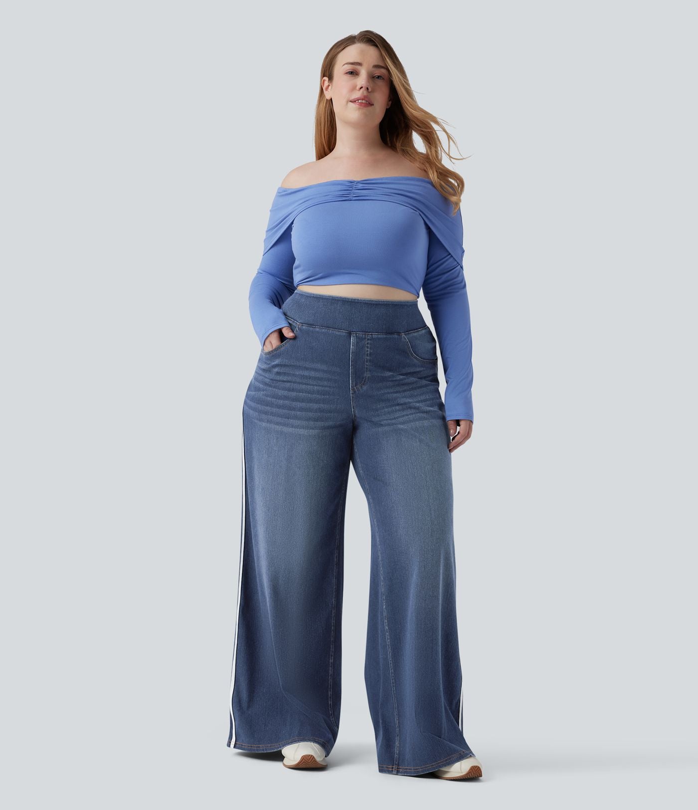 Halara Flex™ Jean large fluide taille haute à rayures délavé décontracté grande taille avec poches
