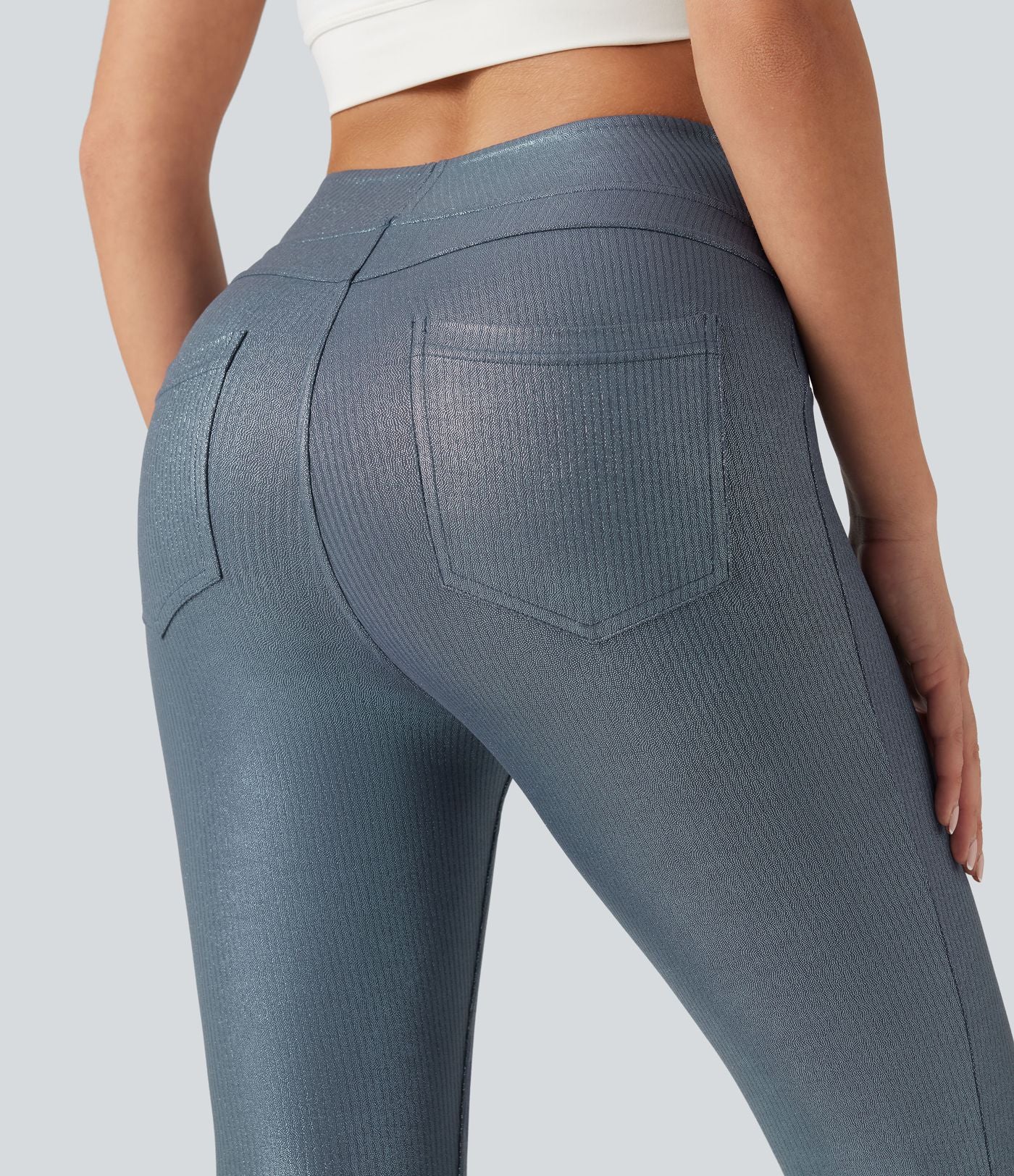 Leggings de yoga taille haute en maille côtelée avec imprimé métallisé et poches