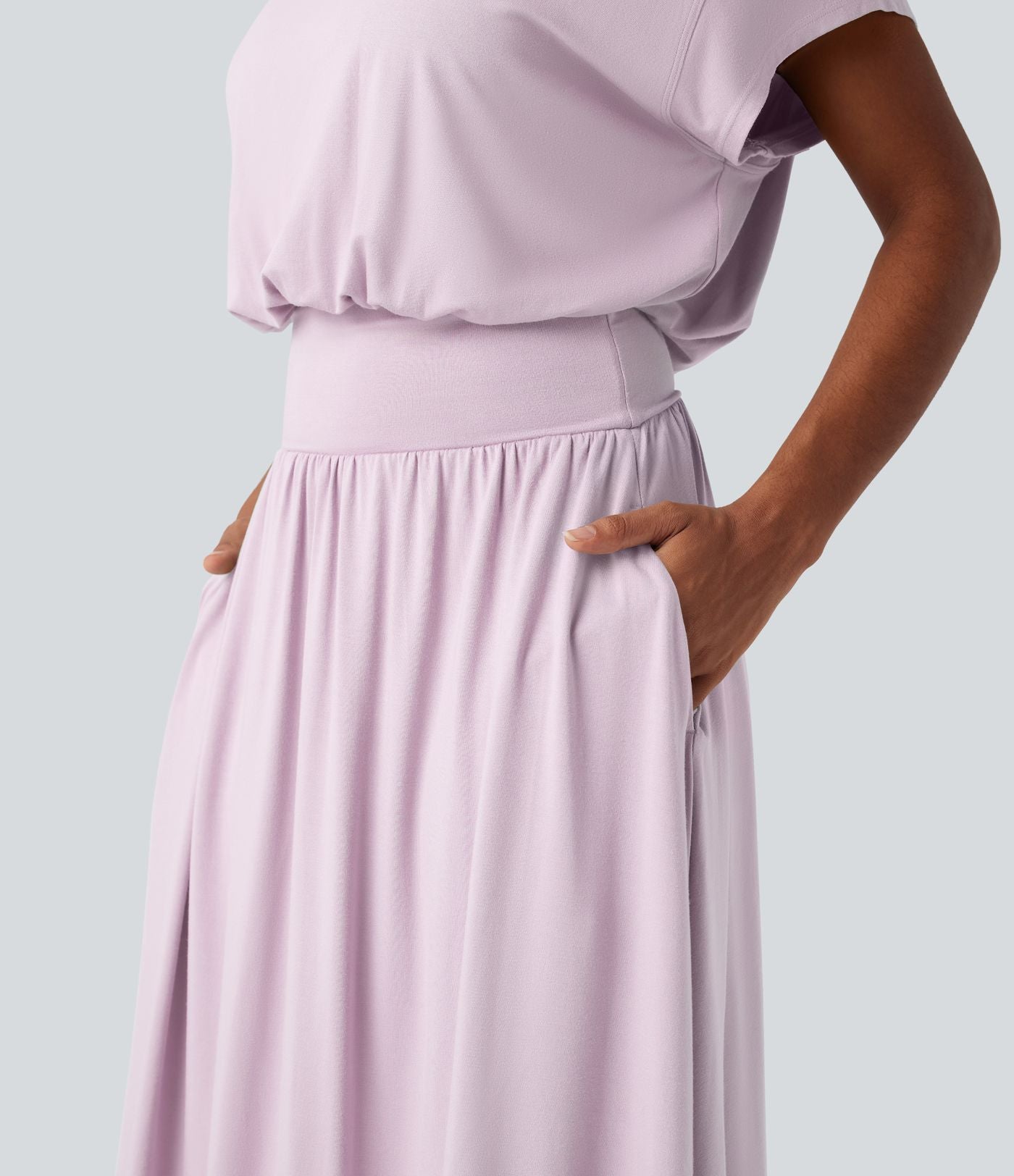 Robe de travail mi-longue fluide gainante à manches chauve-souris avec poches