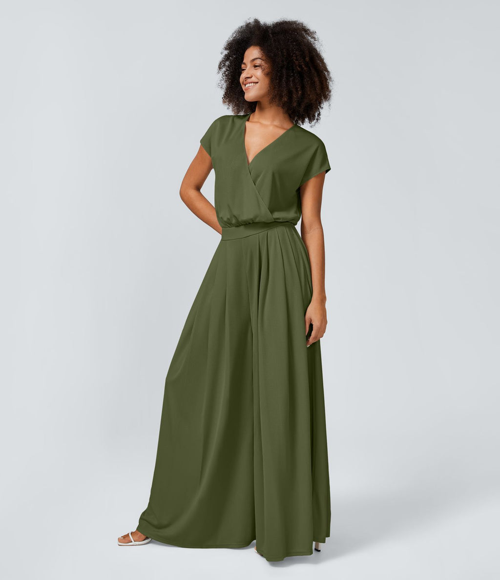 Combinaison Casual Col en V Jambes Large Plissée Manches Courtes Poche Latérale Gaufrée Fluide