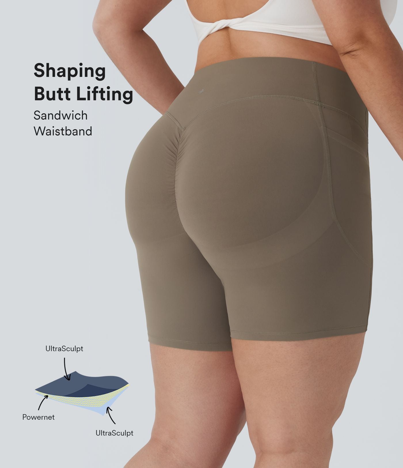 Short cycliste 17,5 cm d'entraînement gainant galbant taille haute grande taille avec effet scrunch et poches Halara UltraSculpt™