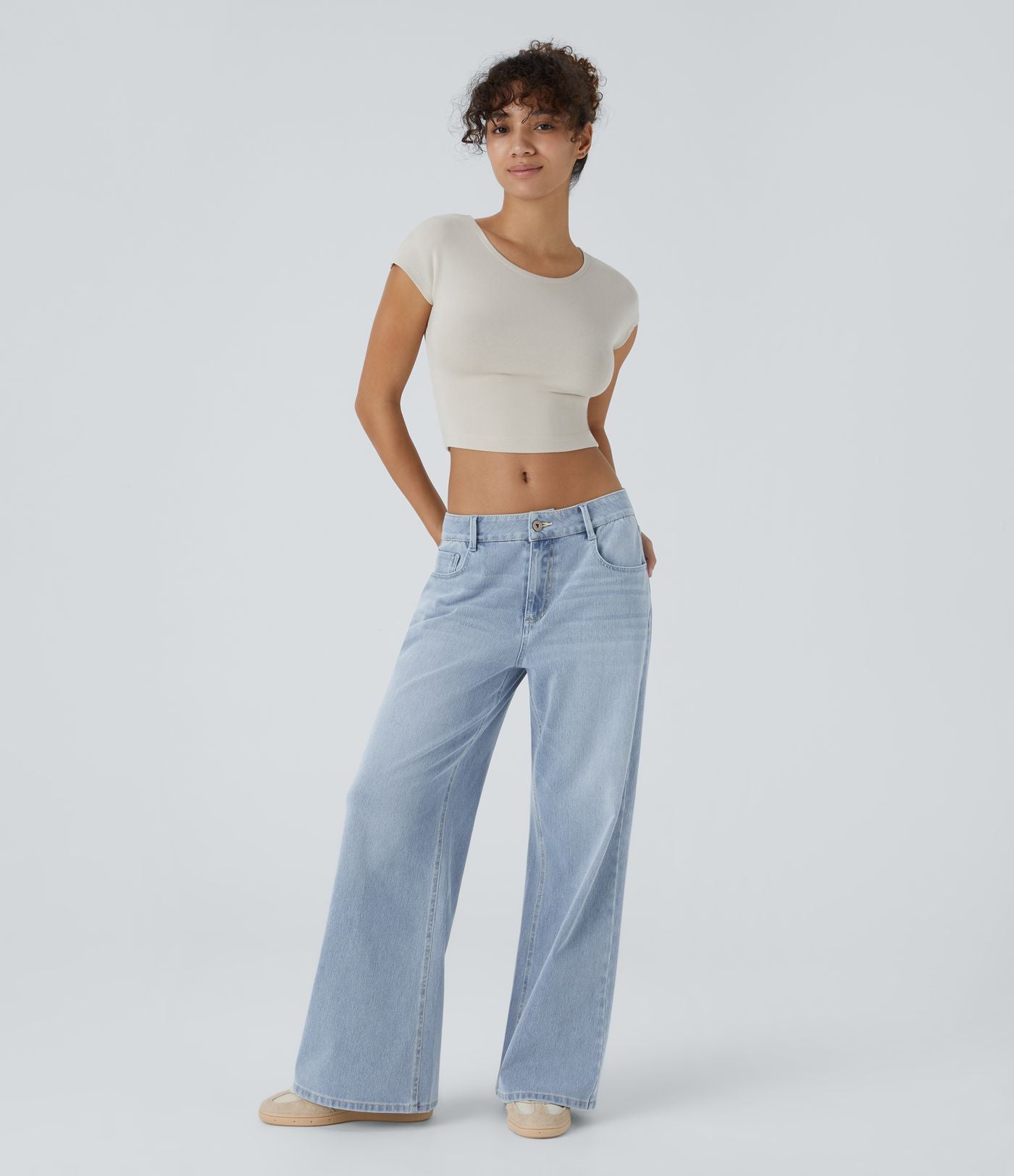 Halara Flex™ Jean Large Casual Taille Basse avec Boutons Zip Multiples Poches Lavés Élastiques et Tricotés