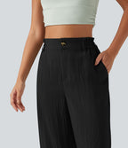 Pantalon décontracté taille haute à jambes larges en mélange de lin avec poches