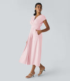 Breezeful™ Robe Mi-Longue Col en V Manches Courtes Poche Latérale Nouée au Dos Séchage Rapide