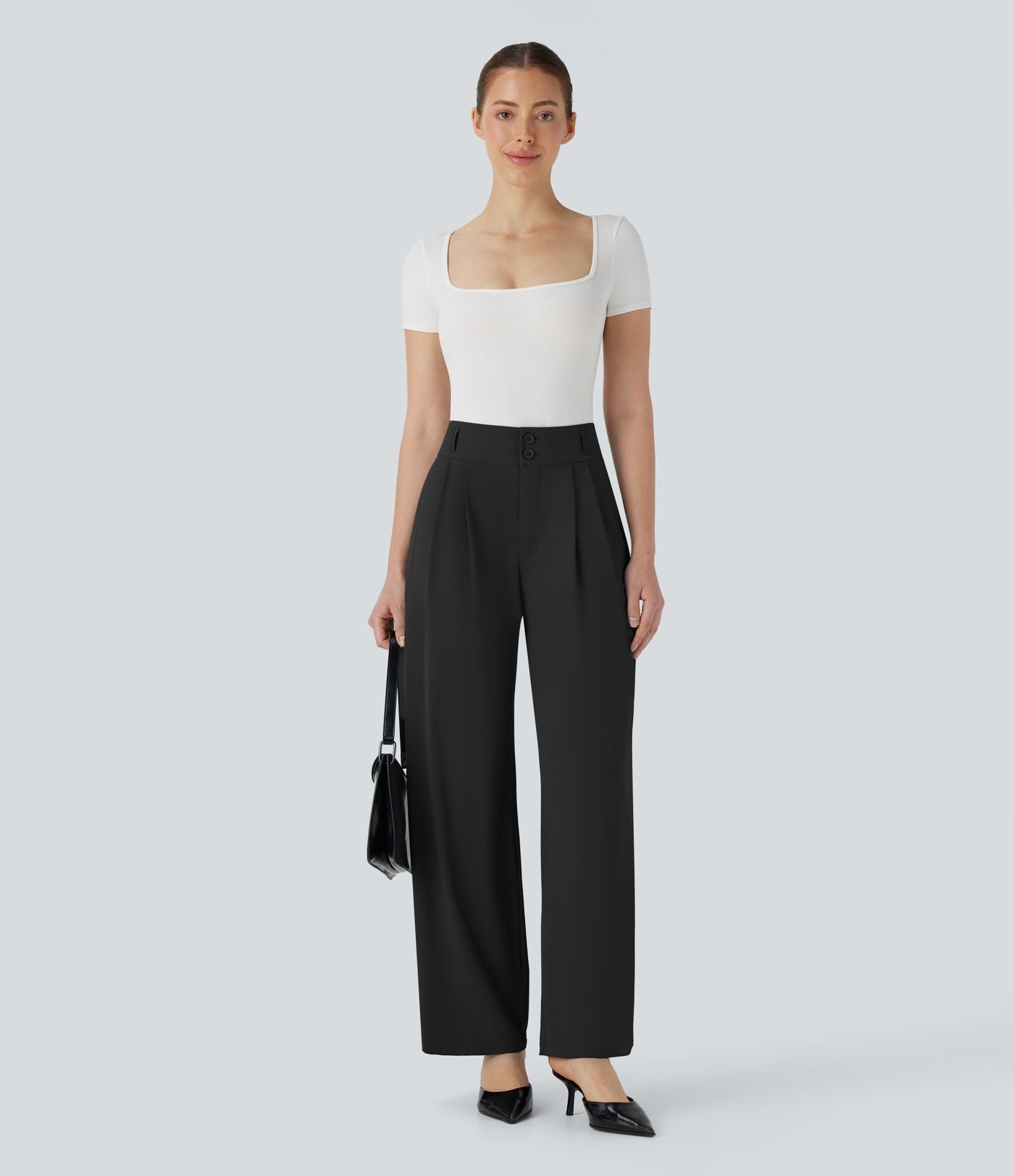 Pantalon de travail à taille haute avec boutons, fermeture éclair, poches latérales, fronces, jambe droite et effet frais InstantCool