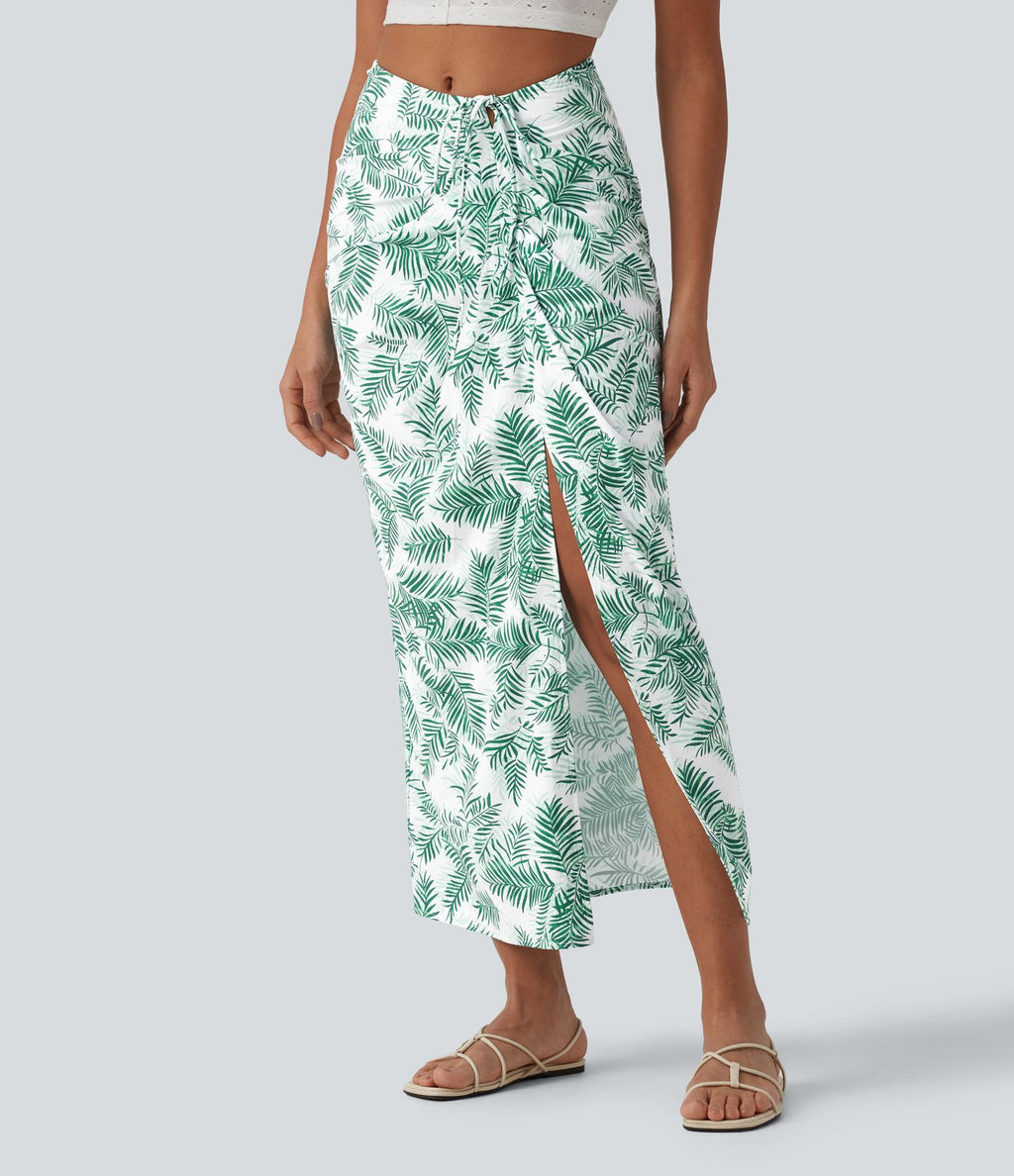 Jupe longue moulante taille mi-haute avec nœud devant et fronces imprimé floral/à rayures