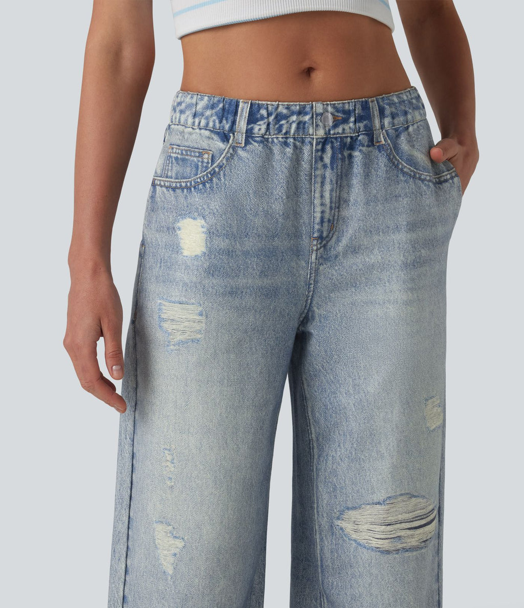 Jogging jean décontracté en molleton French Terry imprimé denim taille mi-haute avec poches