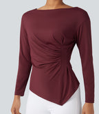 Blouse de travail ajustée col bateau manches longues froncée à ourlet asymétrique