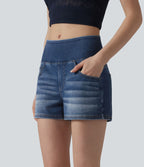 Halara Flex™ Short décontracté en denim lyocell délavé taille mi-haute drapé 9 cm avec poches