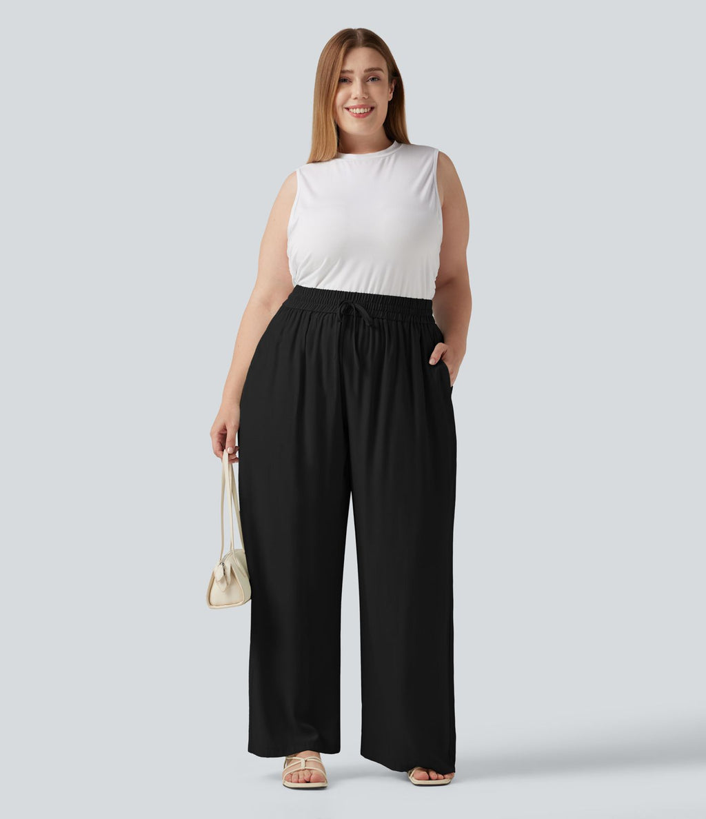Pantalon large grande taille taille haute avec cordon de serrage et poches