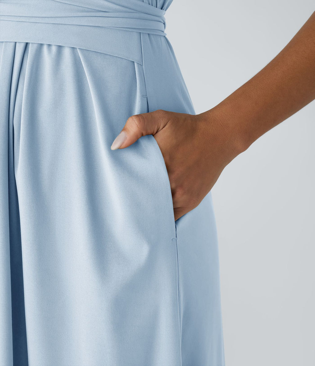 Breezeful™ Robe Mi-Longue Col en V Manches Courtes Poche Latérale Nouée au Dos Séchage Rapide