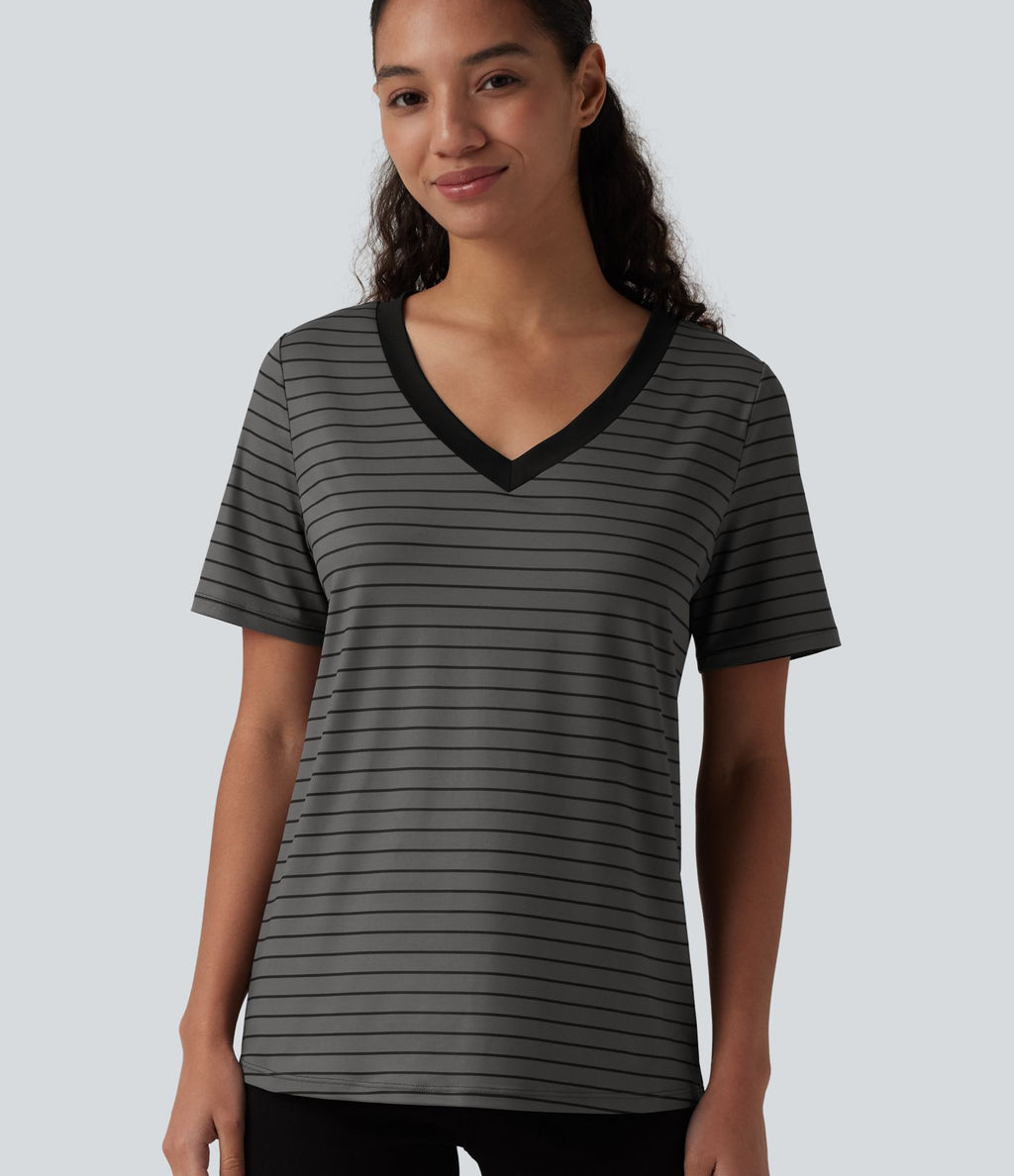 T-shirt décontracté col V manches courtes rayé