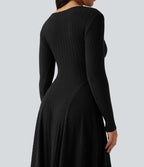 Robe mi-longue évasée maille côtelée à décolleté en V et manches longues