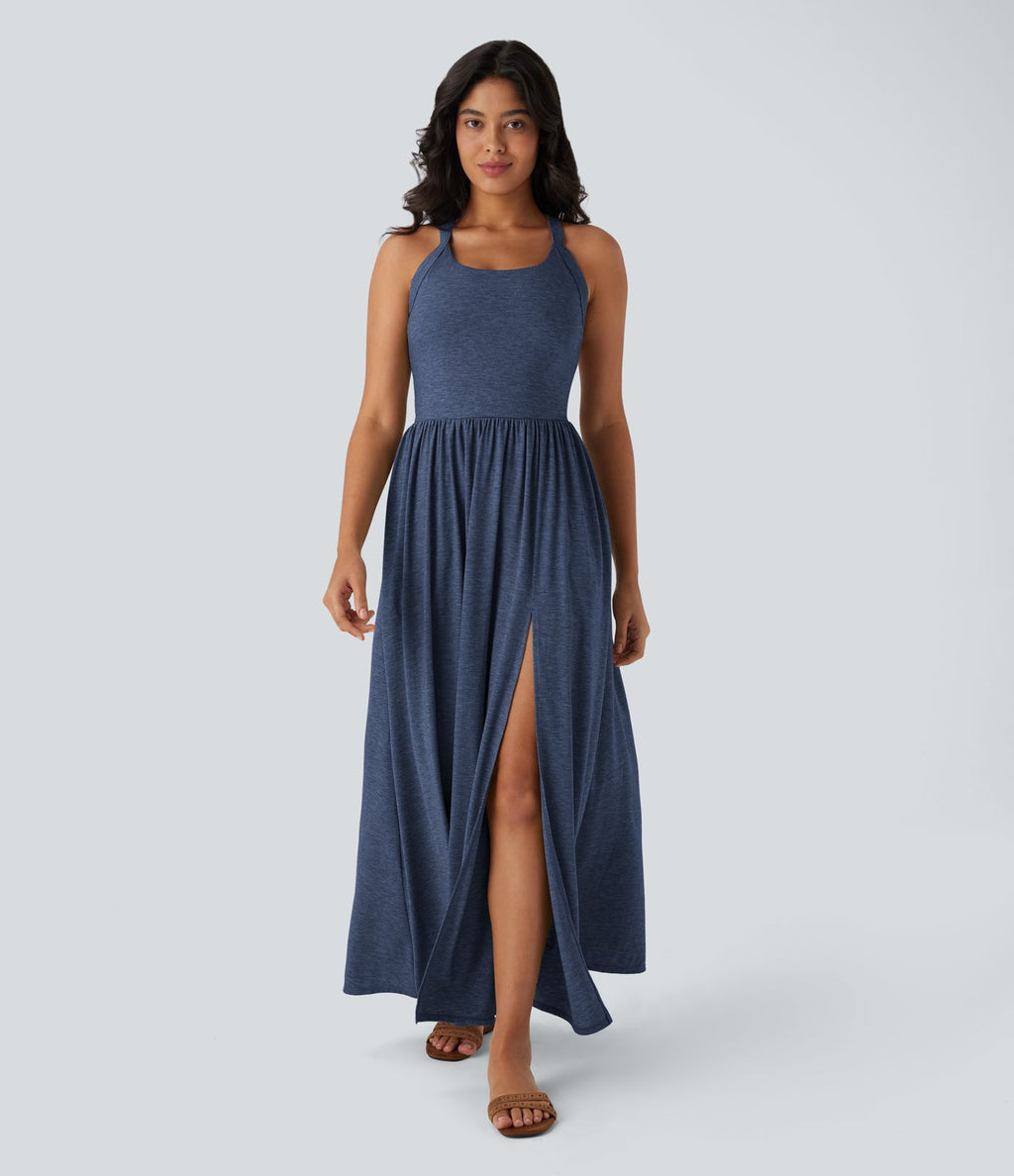 Robe longue fluide fendue avec poches latérales, dos nu et effet torsadé