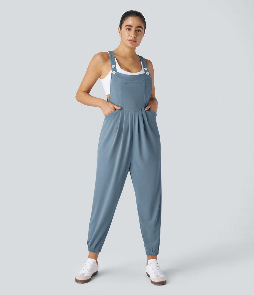 Salopette Casual Bretelles Ajustables Boutonnés Multiples Poches Plis et Tissu Gaufré